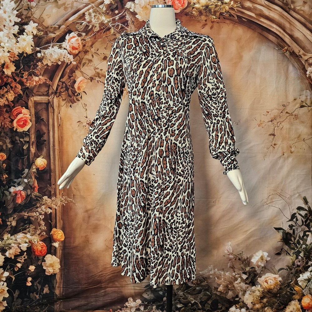 Vintage 1960s Wilroy Traveller Leopard Print Shirt Dress Brown Animal Midi